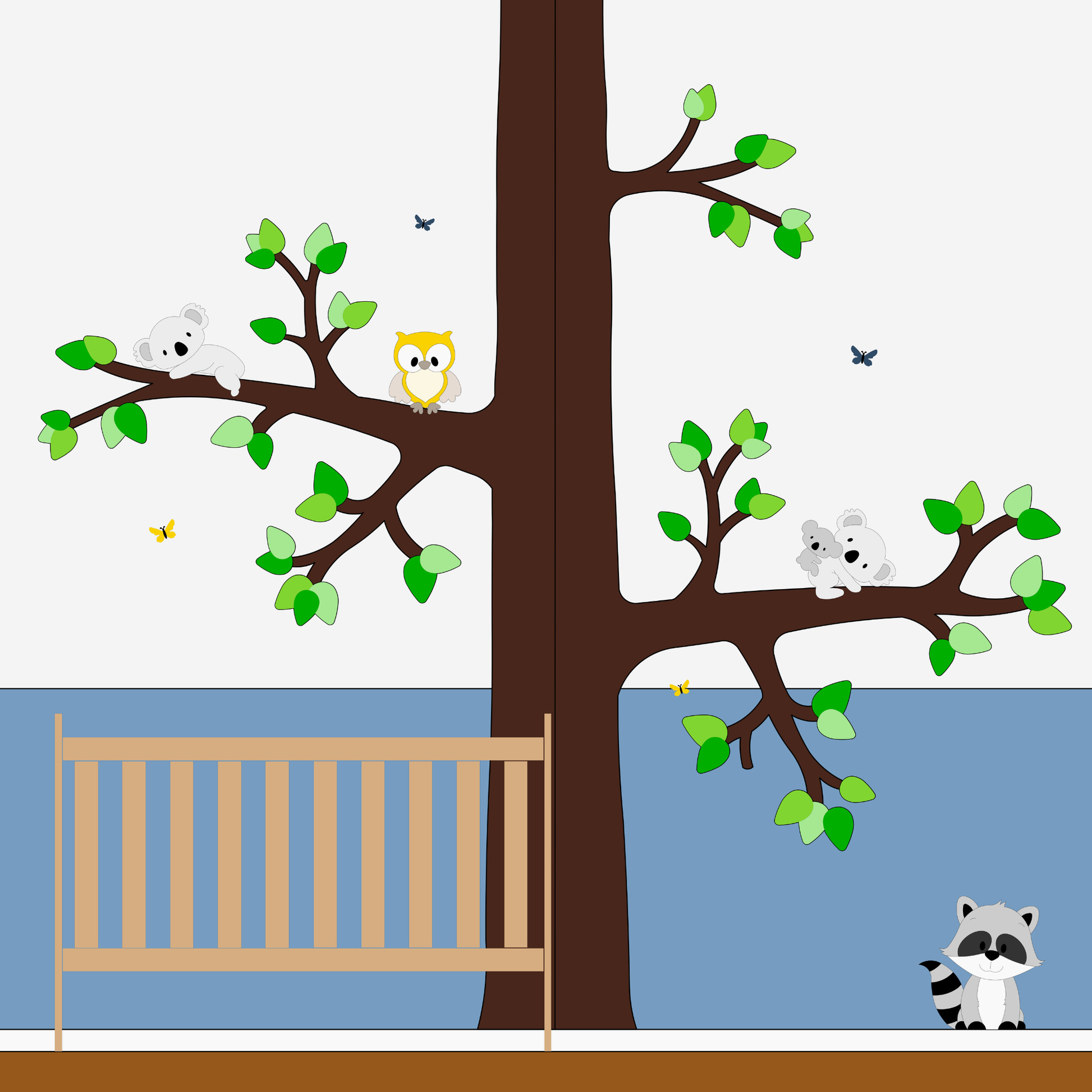 Houten muurstickers van grote hoekboom met bosdieren en vosje. Geschikt voor babykamer in bosthema.