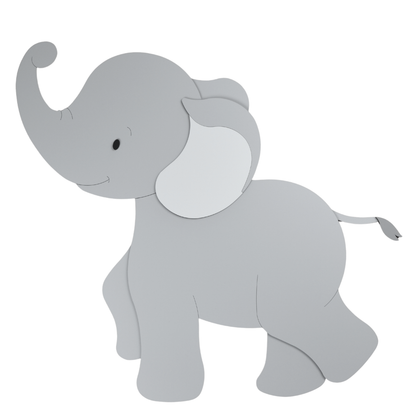 Houten muurdecoratie van schattige grote grijze, lopende olifant. Passend op kinderkamer in jungle of safari thema.

