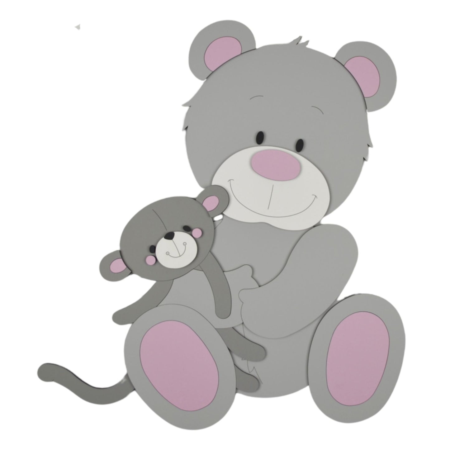 Houten muurstickers voor babykamer met grijs beertje en donkergrijs knuffelaapje, roze details