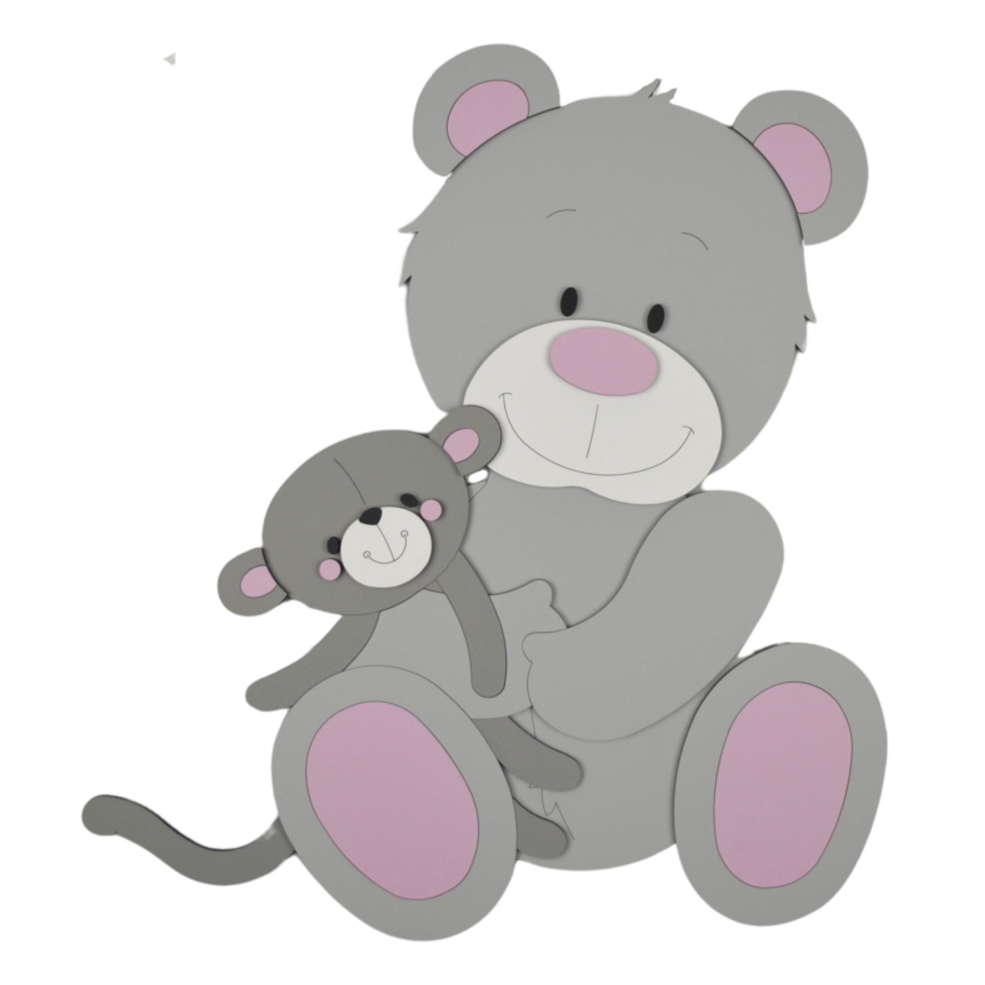Houten muurstickers voor babykamer met grijs beertje en donkergrijs knuffelaapje, roze details