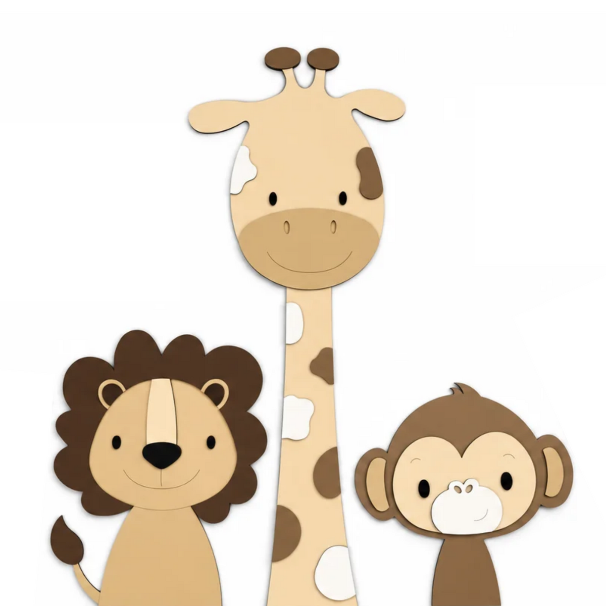 Houten muurdecoratie voor kinderkamer in junglethema, leeuw giraf en olifant in natuurlijke kleuren. geschikt voor een babykamer met safarithema