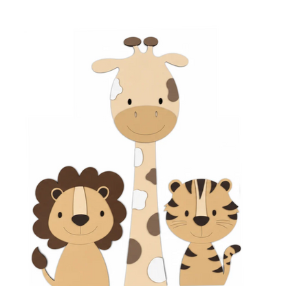 Houten muurdecoratie voor kinderkamer in junglethema, leeuw giraf en olifant in natuurlijke kleuren. geschikt voor een babykamer met safarithema