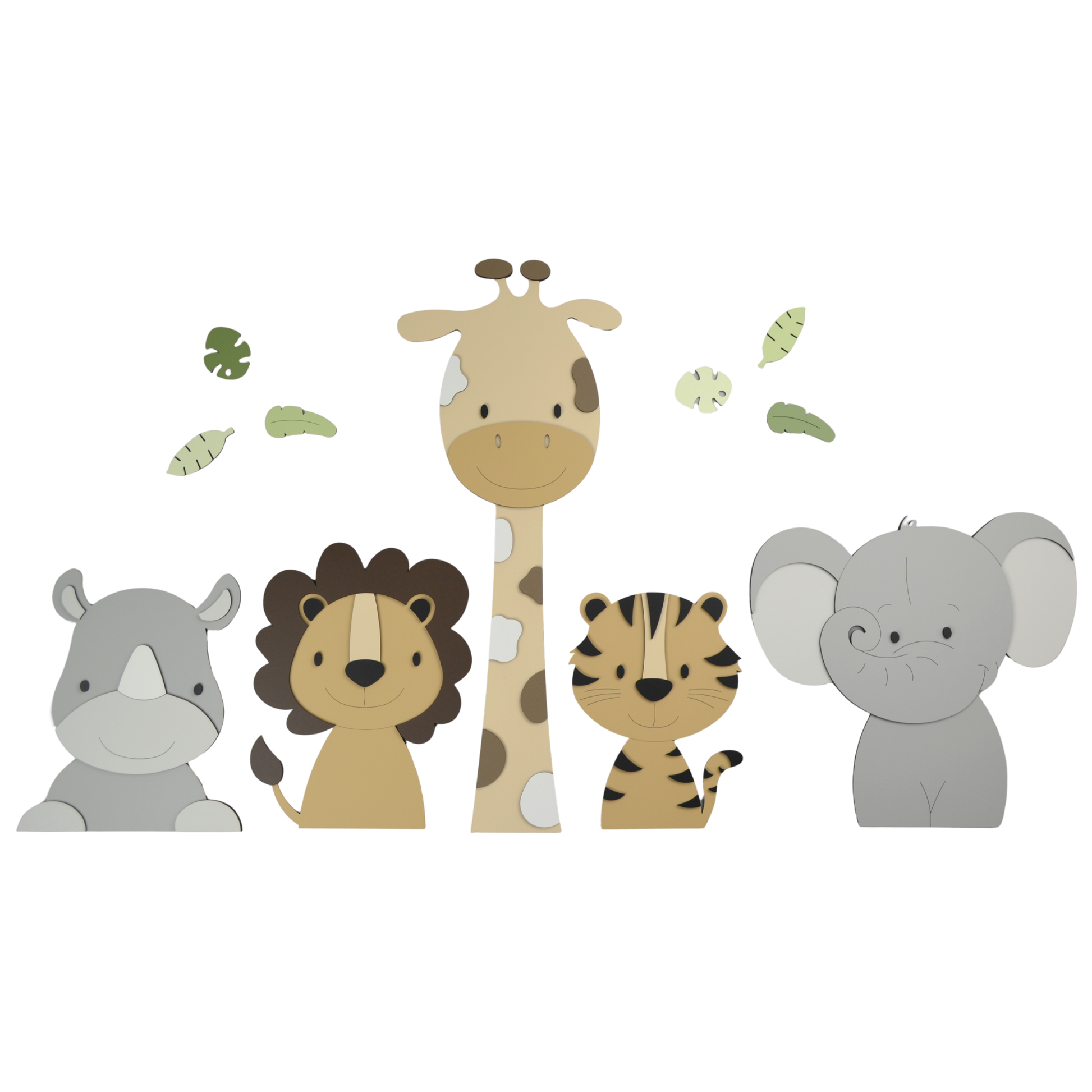 Houten safaridieren voor aan de muur – stijlvolle muurstickers en wanddecoratie voor de babykamer in beige tinten.