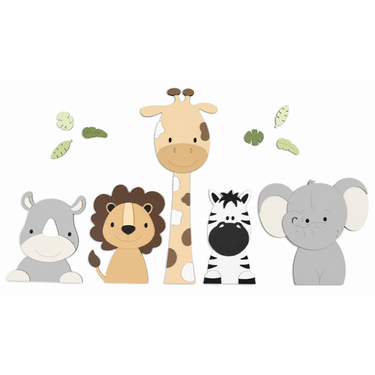 Houten muurdecoratie voor kinderkamer in junglethema, leeuw giraf en olifant in natuurlijke kleuren. geschikt voor een babykamer met safarithema