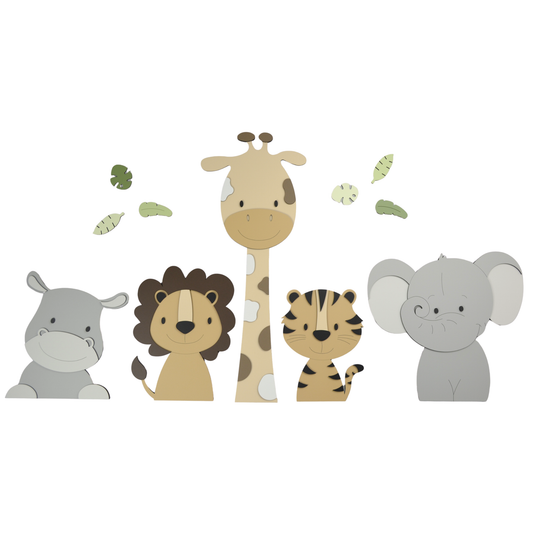 Houten muurstickers met safaridieren voor de babykamer – giraf, leeuw en olifant als natuurlijke wanddecoratie in beige tinten