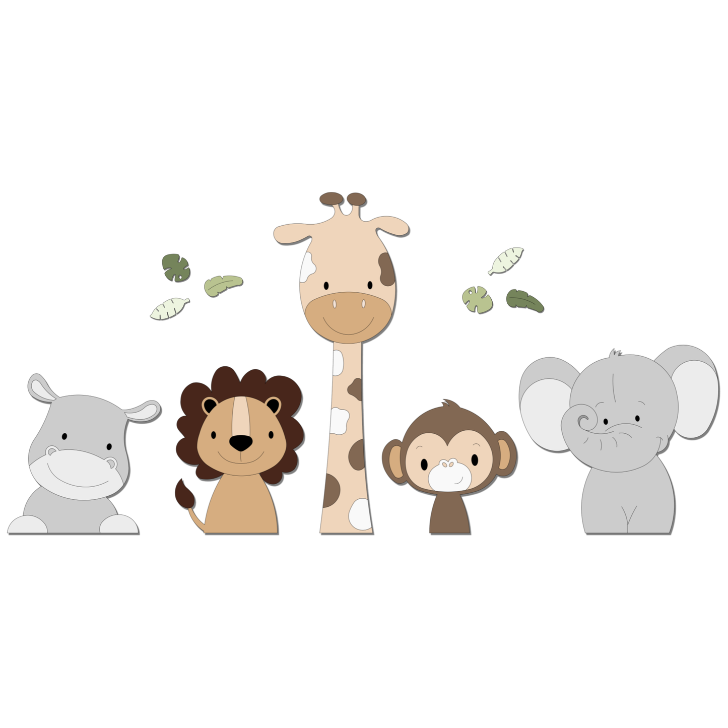 Wanddecoratie voor de babykamer in safaristijl – set muurstickers met giraf, leeuw en olifant in zachte beige kleuren.