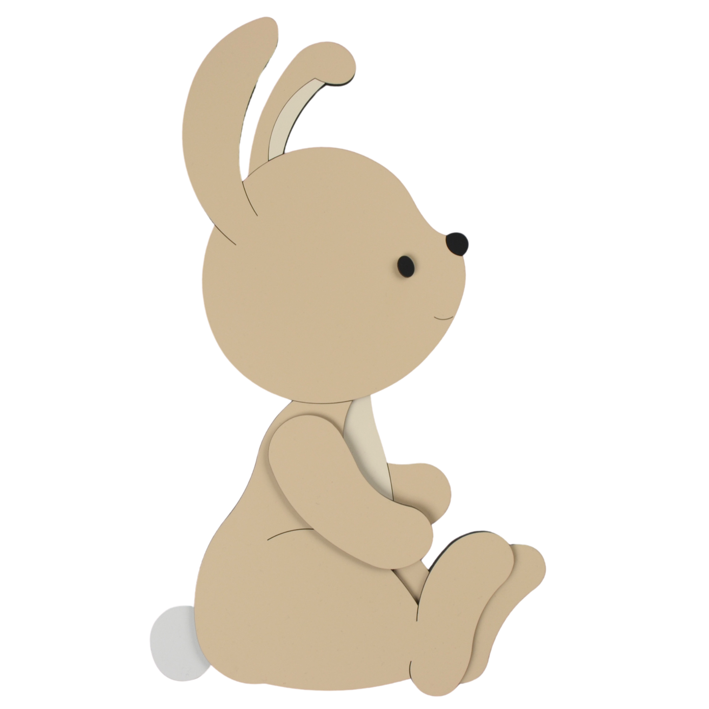 Houten muurdecoratie voor de babykamer, schattig zittend konijntje.