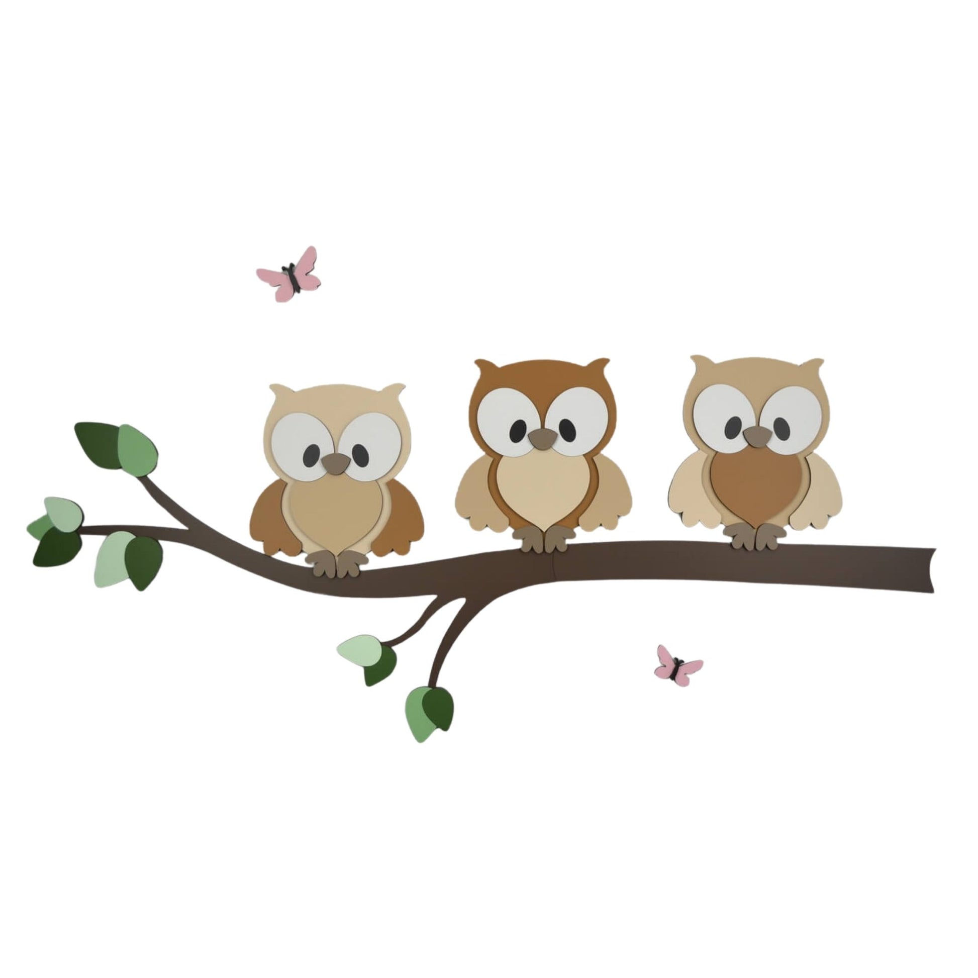 Houten muurdecoratie voor babykamer, tak met groene bladeren en uiltjes.