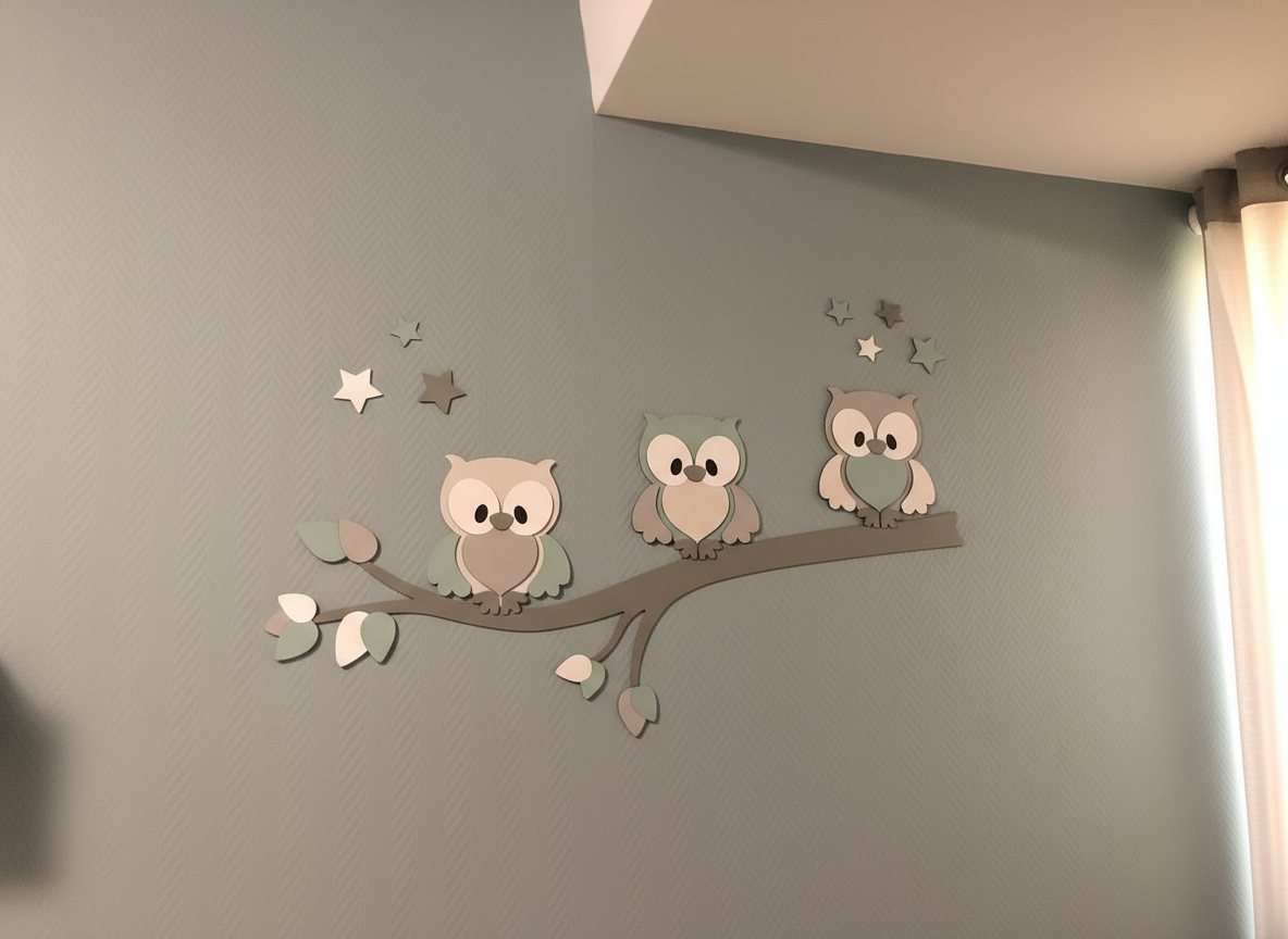 Houten muurdecoratie voor babykamer met tak, gekleurde bladeren en uiltjes