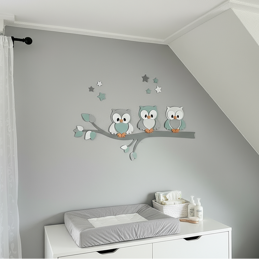 Houten muurdecoratie voor babykamer met tak, gekleurde bladeren en uiltjes