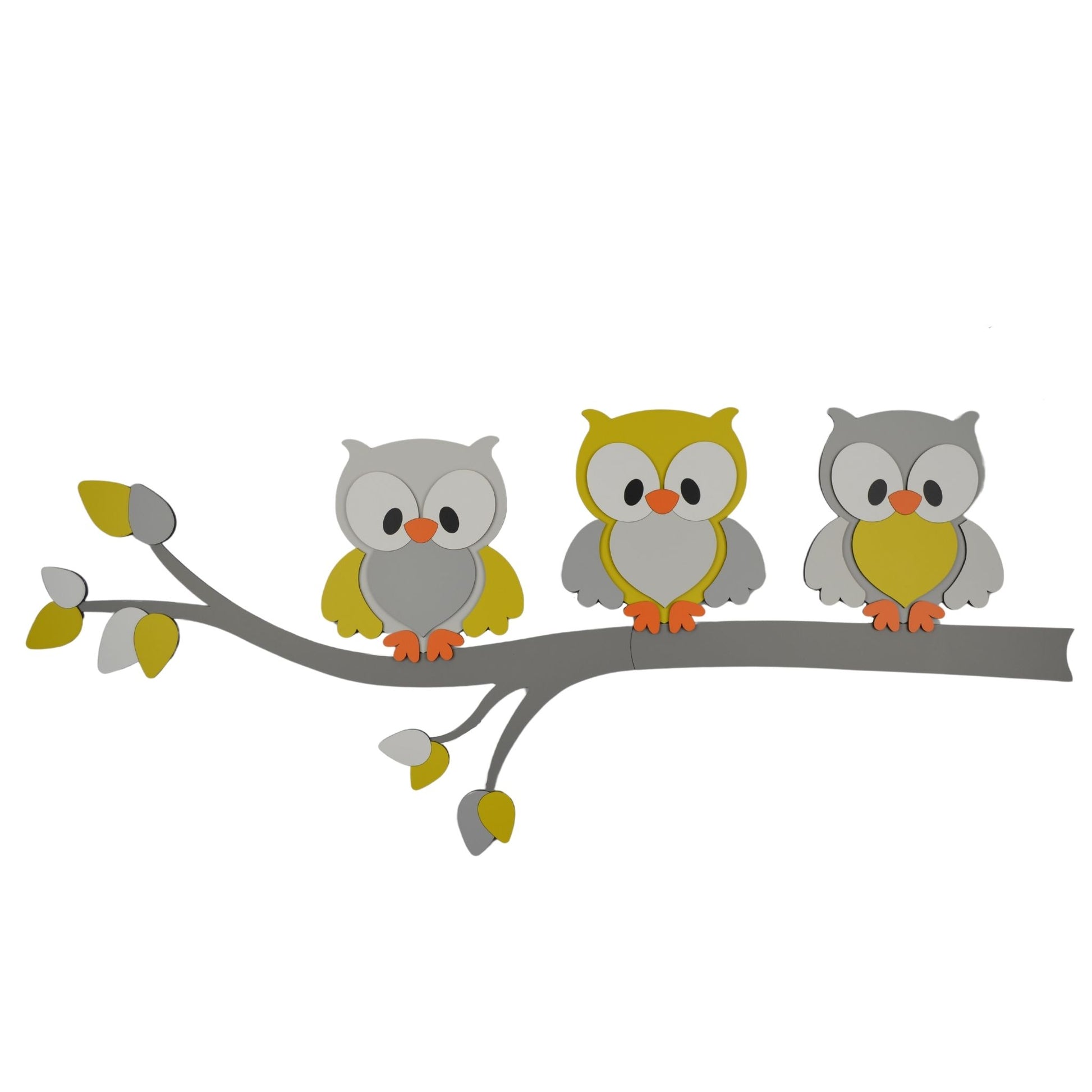 Houten muurdecoratie voor babykamer met tak, gekleurde bladeren en uiltjes