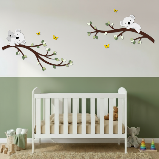 Houten muursticker - Dubbele tak met koala's - naturel