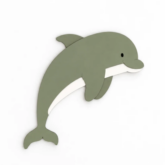 Zeedieren muurdecoratie voor de babykamer; dolfijn in tijmgroen
