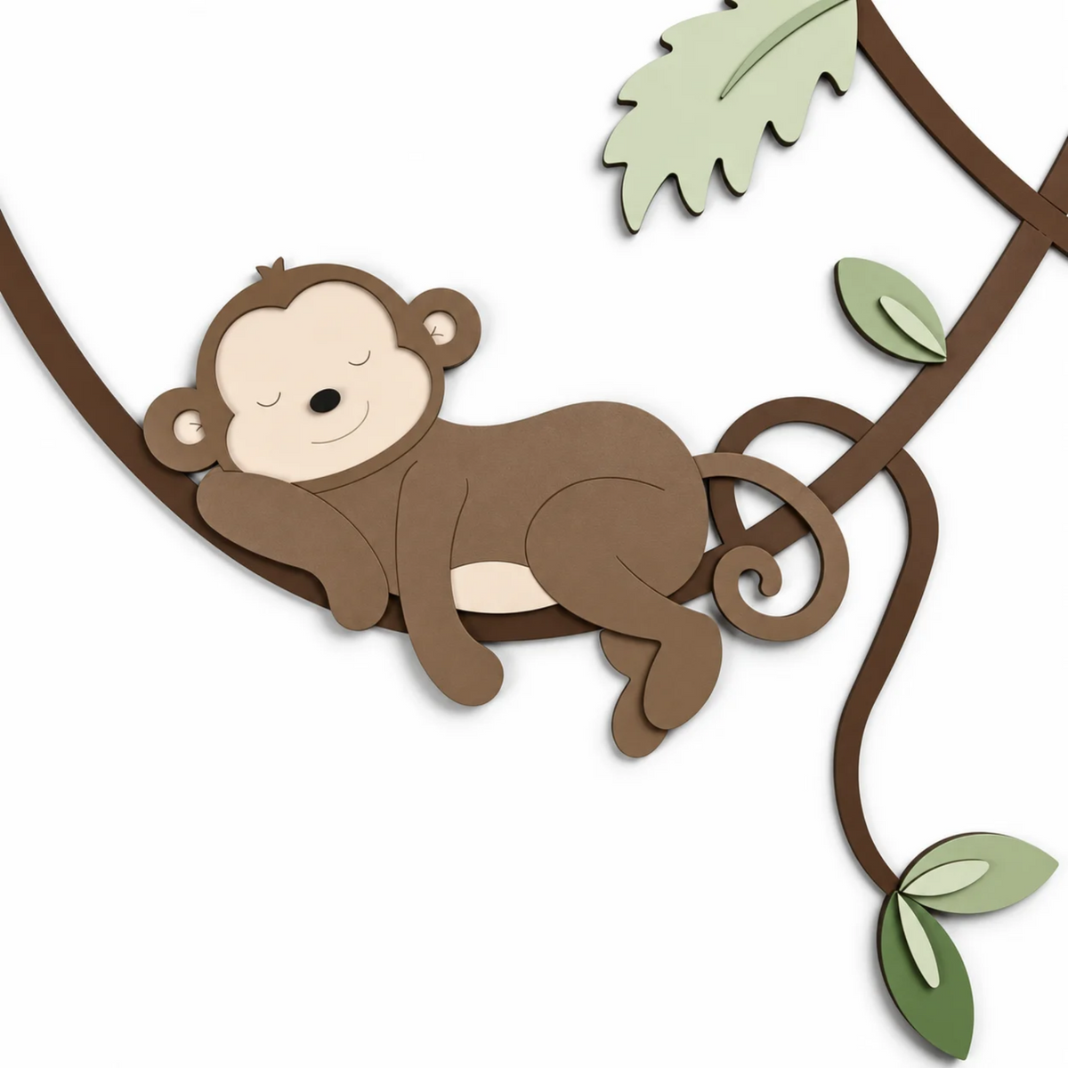 muurdecoratie voor babykamer, lianen met slapend en hangend aapje, geschikt voor jungle of safari thema.
