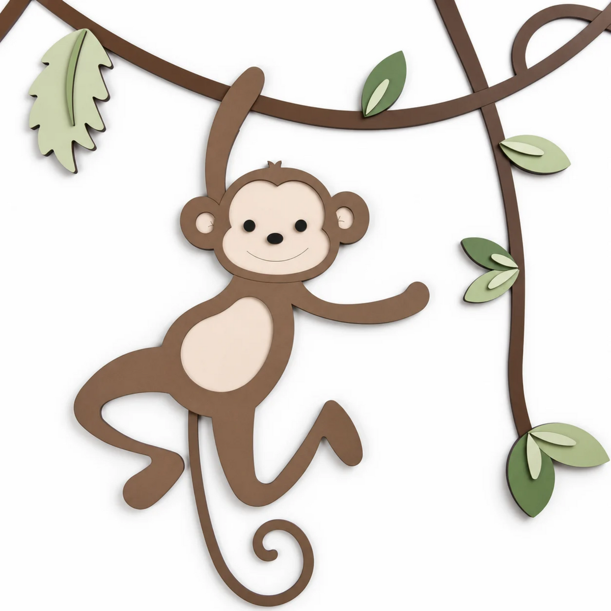 muurdecoratie voor babykamer, lianen met slapend en hangend aapje, geschikt voor jungle of safari thema.
