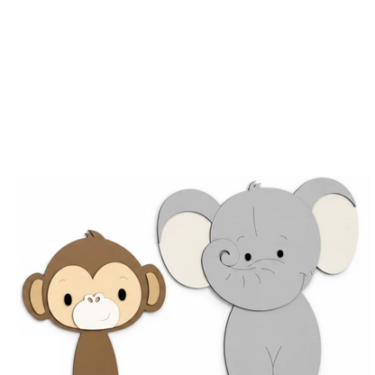 Decoratie voor kinderkamer in junglethema, leeuw giraf en olifant in natuurlijke kleuren. geschikt voor een babykamer met safarithema