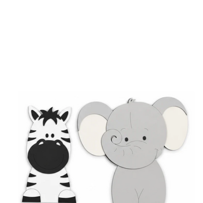 Houten muurstickers voor kinderkamer in junglethema, leeuw giraf en olifant in natuurlijke kleuren. geschikt voor een babykamer met safarithema