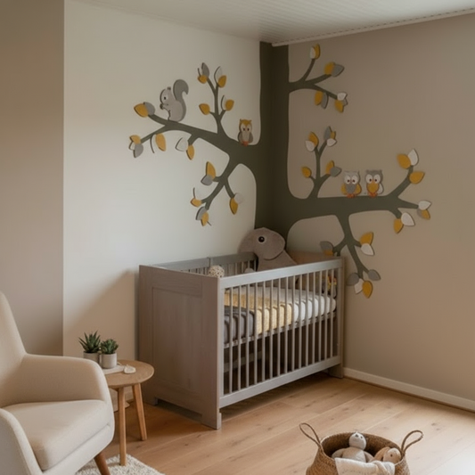 Houten muurdecoratie voor babykamer; grote hoekboom met gekleurde bladeren, uiltjes en eekhoorn
