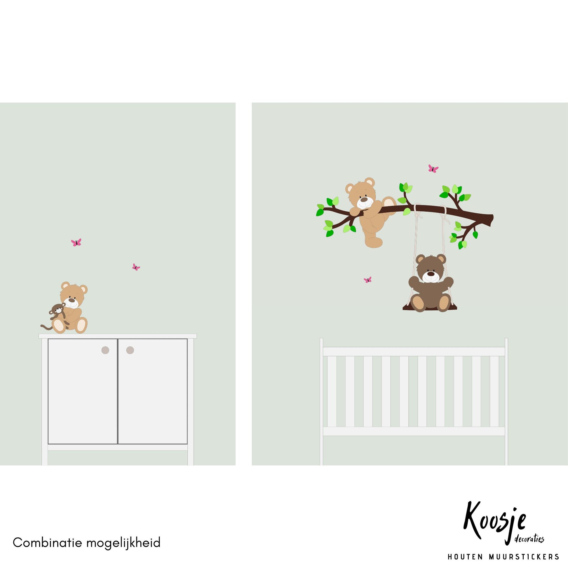 Decoratie ideeën babykamer met tak, groene bladeren, beige klauterend beertje en bruin schommelend beertje op groene muur