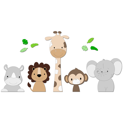 muurstickers met jungledieren voor de babykamer – giraf, leeuw en olifant als natuurlijke wanddecoratie in beige tinten