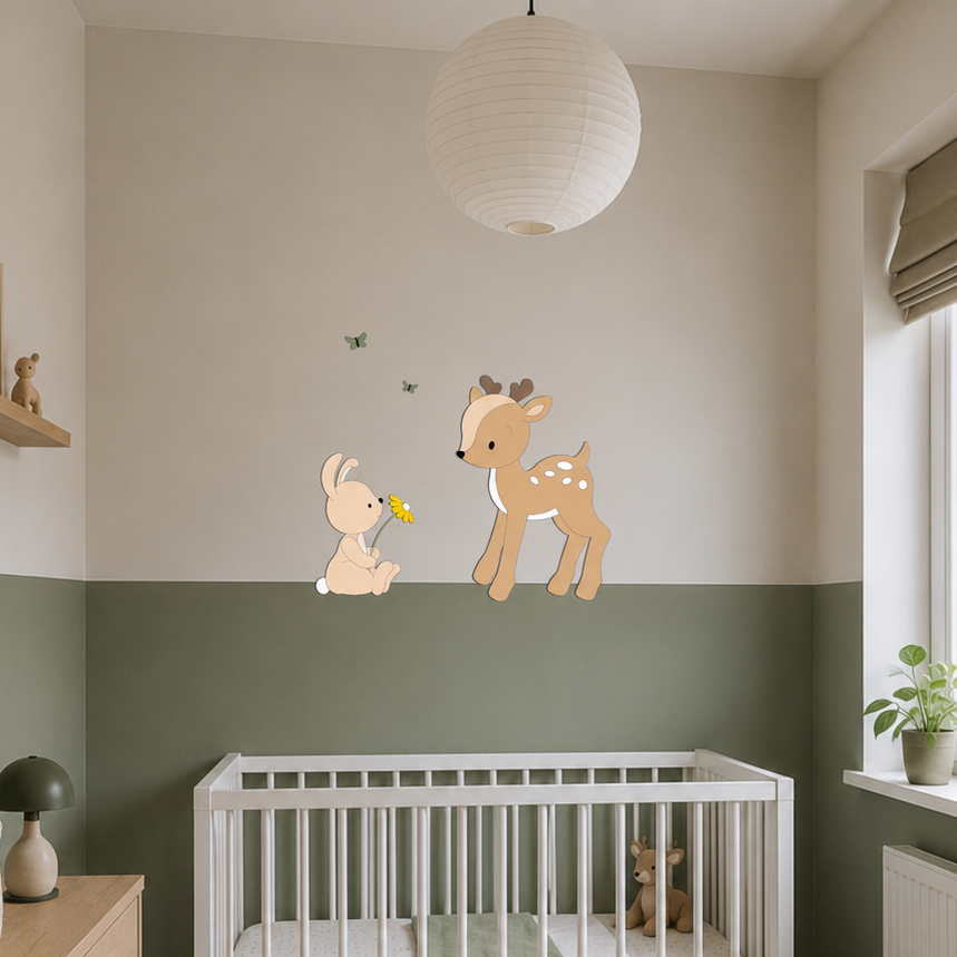 Babykamer met wit ledikant, groene lambrisering en houten wanddecoratie van een hertje en konijntje met vlinders.