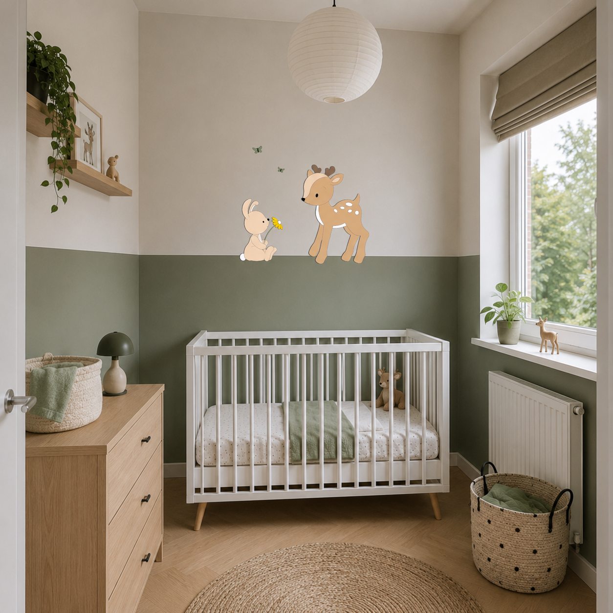 Babykamer met wit ledikant, groene lambrisering en houten wanddecoratie van een hertje en konijntje met vlinders.
