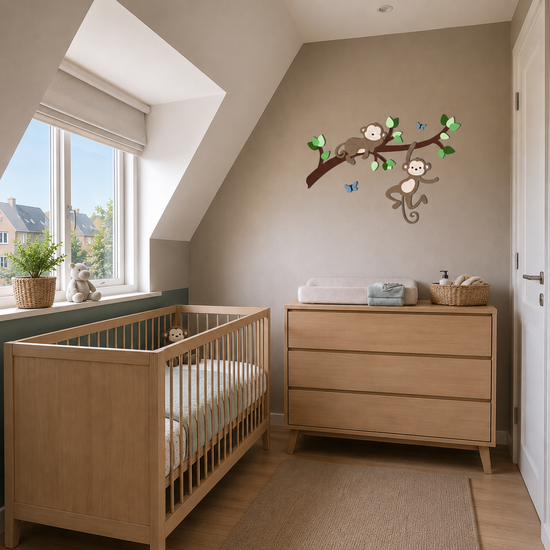 muurdecoratie voor de babykamer, tak met groene bladeren en 2 aapjes, geschikt voor jungle of safari thema.