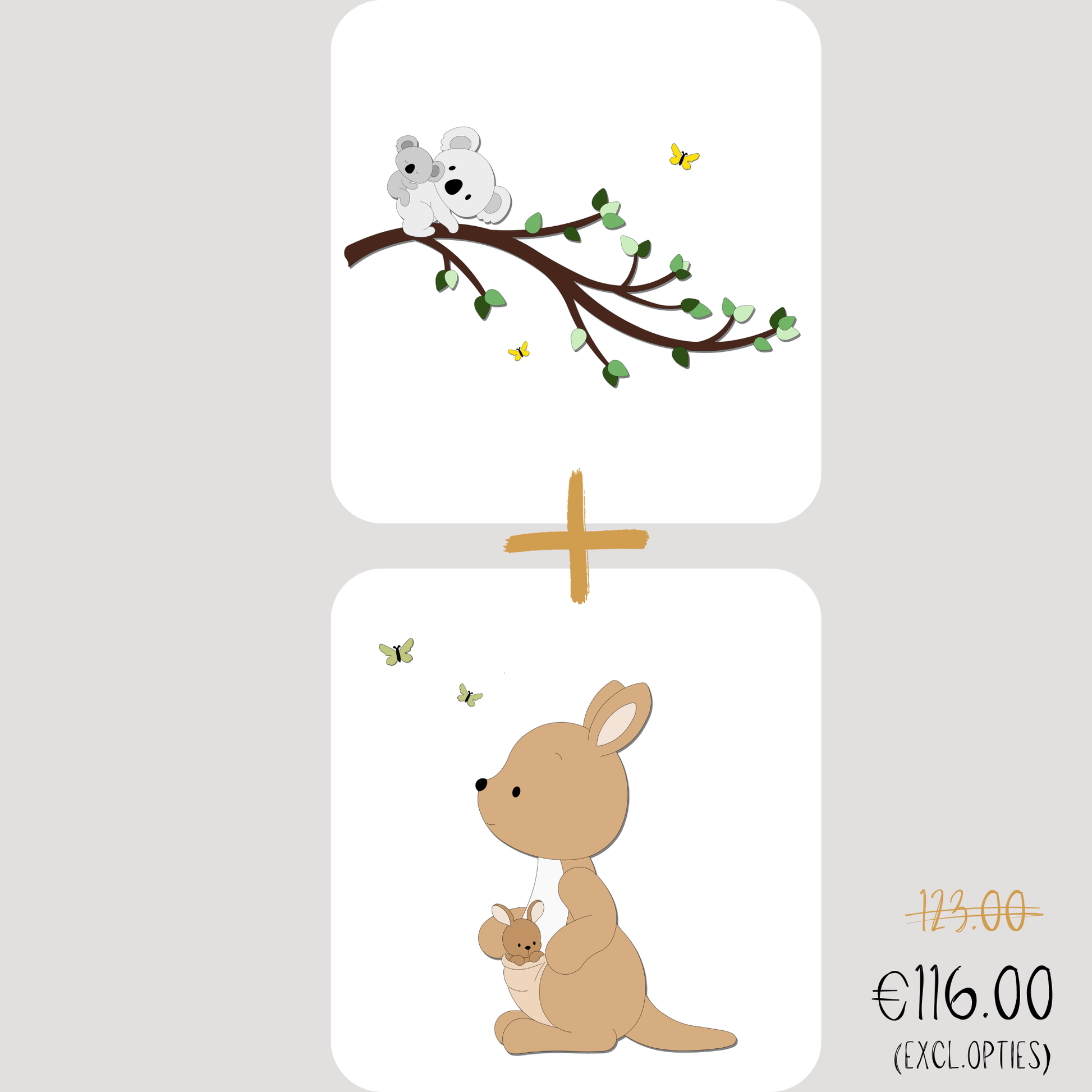 Kortings deal van decoratie voor de babykamer; tak met koala en kangoeroe met baby in zachte beigetinten.