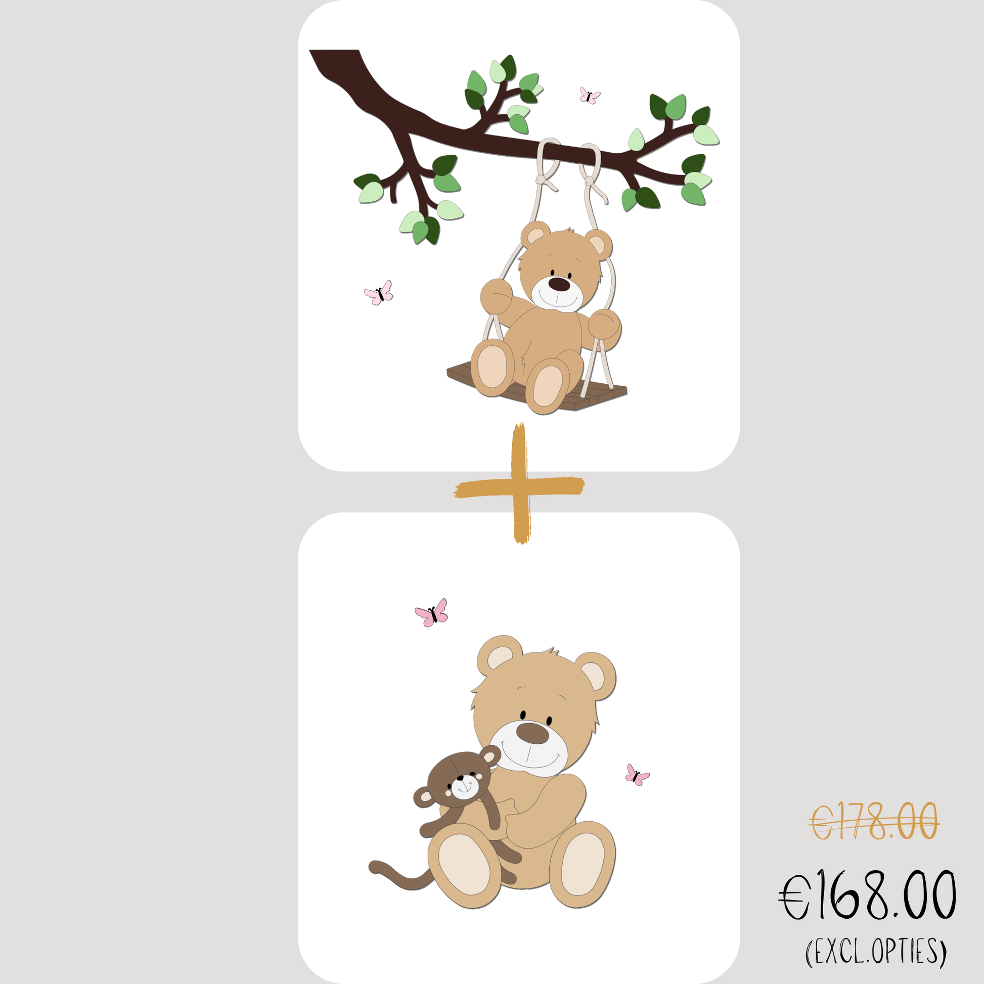 Kortings deal voor tak met schommelend beertje en beer met knuffel aap.