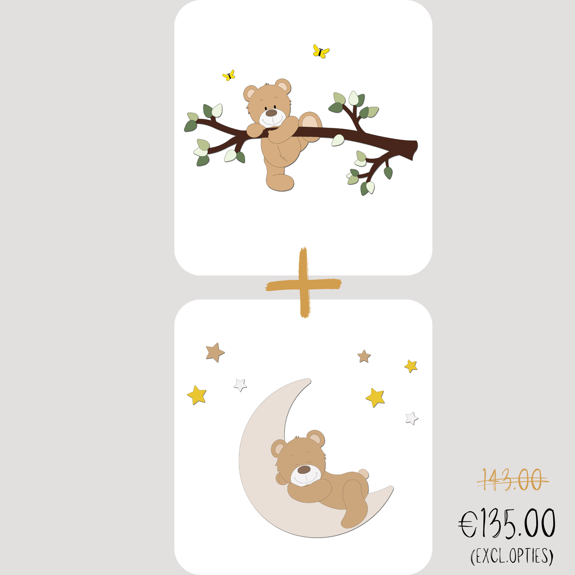 Kortings deal van muurdecoratie babykamer met tak, groene bladeren en klauterend beige beertje en slapend beertje op een maan.