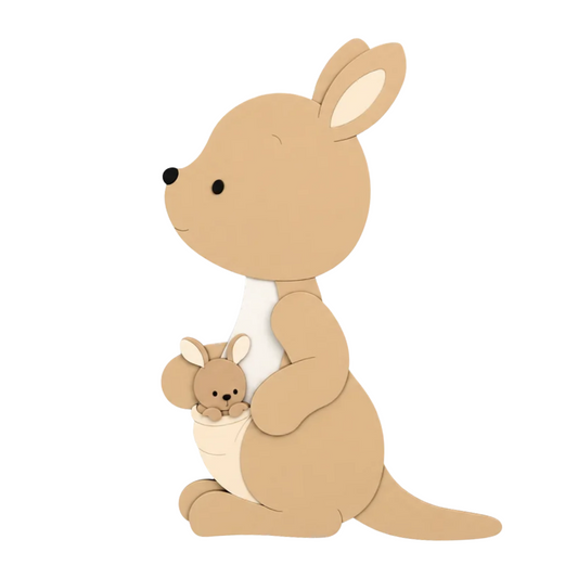 Wanddecoratie voor de babykamer, schattige kangoeroe met baby in de buidel in camel tinten, gemaakt van hout