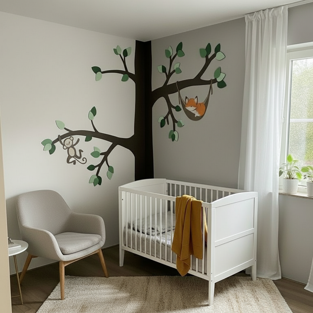 decoratie voor de kinderkamer; grote boom met groene bladeren, aapje en slapend vosje in hangmat.