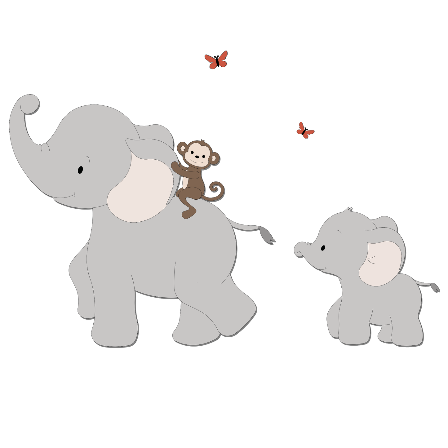 Wanddecoratie voor jungle of safari kinderkamer thema. Grote grijze olifant met vrolijk aapje op de rug, gevolgd door een baby olifantje.