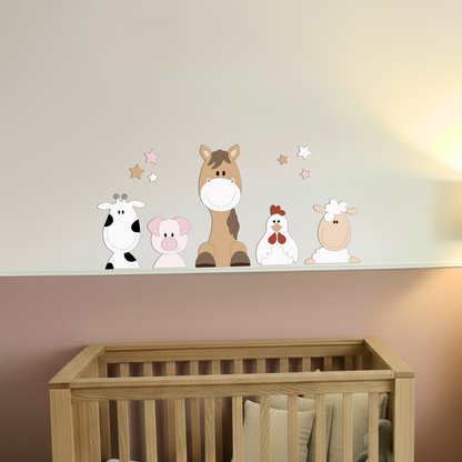 decoratie boederijdieren in natureltinten, paard, koe varken, kip en schaap. Geschikt voor baby- en kinderkamer.