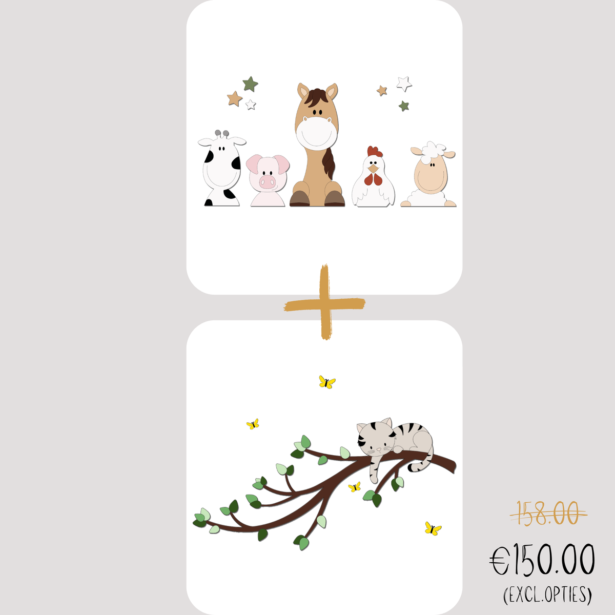 Combinatieset houten muurdecoratie met koe, varken, paard, kip, schaap en poes op tak voor baby- of kinderkamer.
