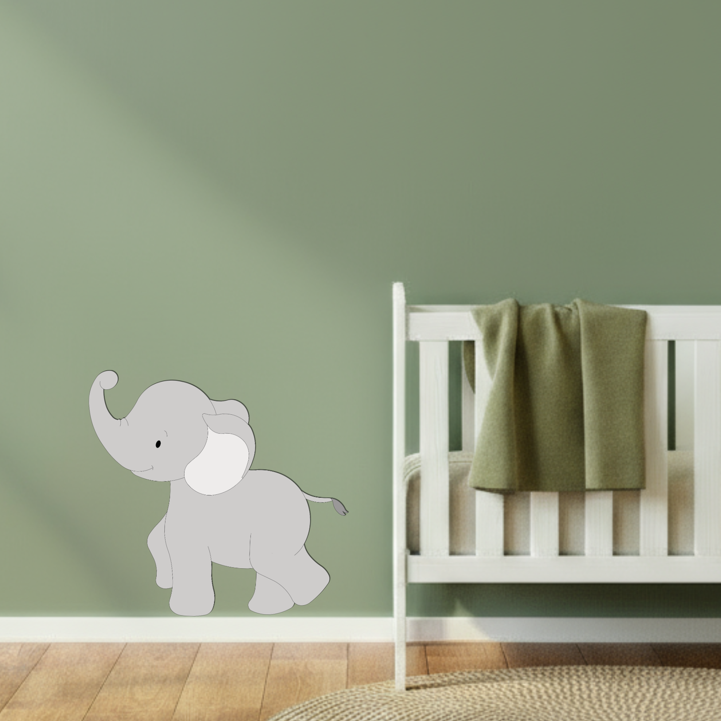 Muurdecoratie van schattige grote grijze, lopende olifant. Passend op kinderkamer in jungle of safari thema.