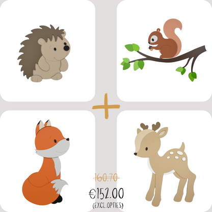 Combideal - houten muursticker - Tak met eekhoorn, hertje, zittend vosje en egeltje - naturel (vlinders optioneel )