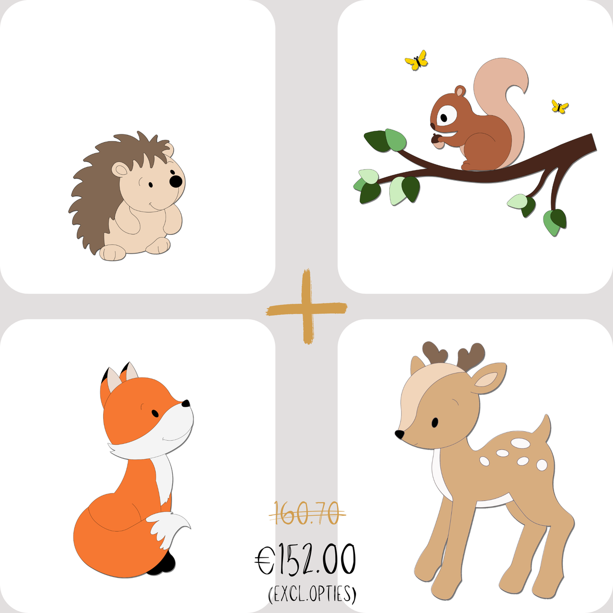 Combinatieset houten muurdecoratie met vosje, hertje, egeltje en eekhoorn op tak voor baby- of kinderkamer met bosdieren-thema.
