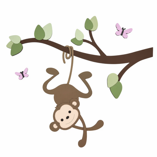 muurdecoratie voor de babykamer; tak met groene bladeren en grappig hangend aapje.