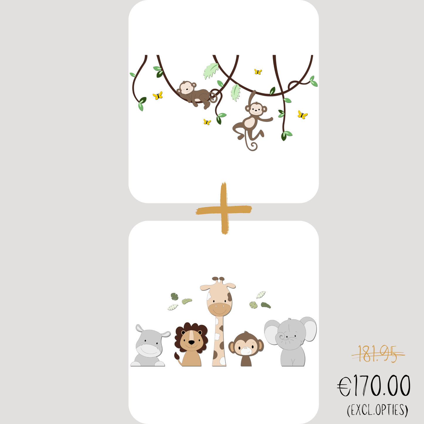 Combinatieset houten muurdecoratie met aapjes aan lianen, neushoorn, leeuw, giraf, aapje en olifant voor baby- of kinderkamer met junglethema.