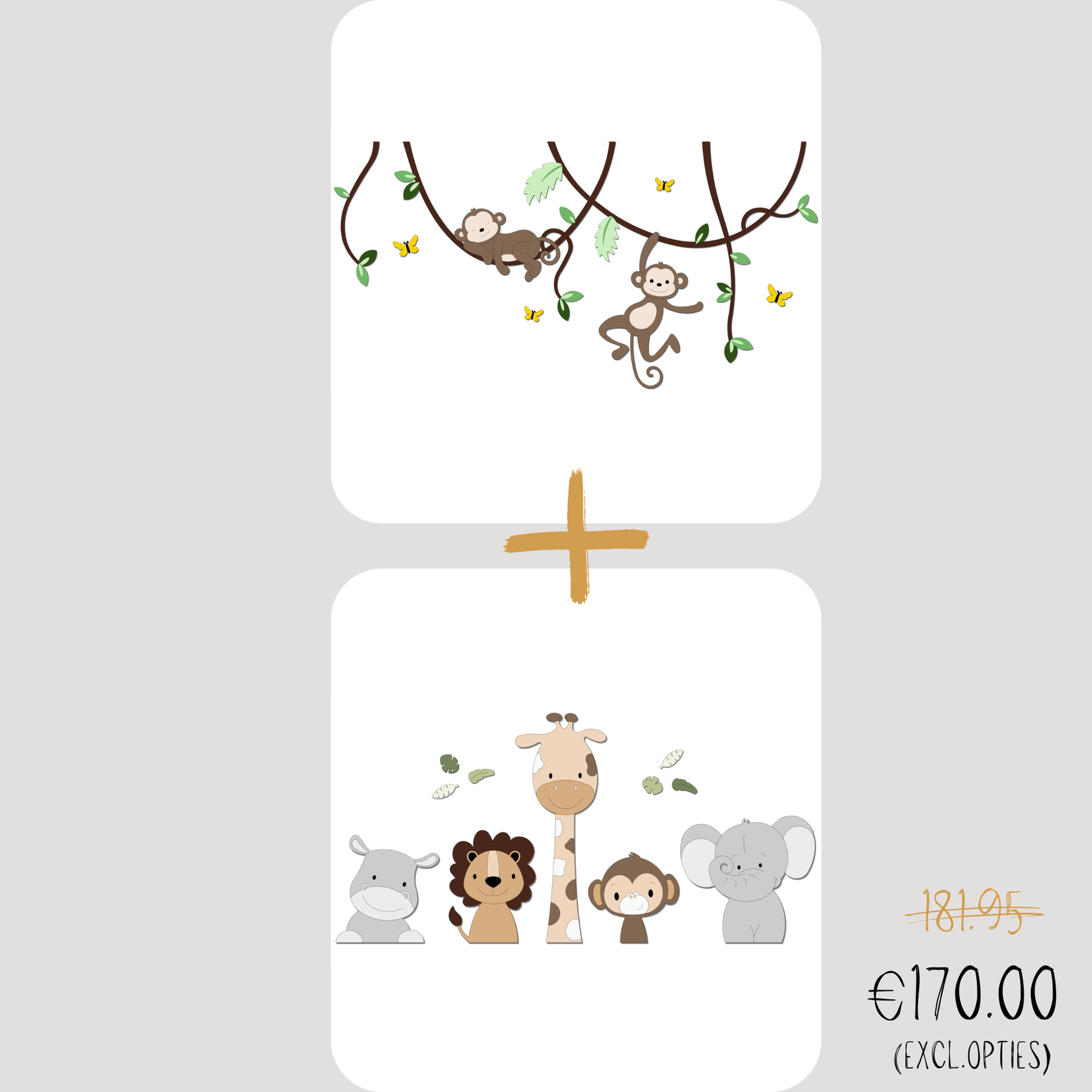 Combinatieset houten muurdecoratie met aapjes aan lianen, neushoorn, leeuw, giraf, aapje en olifant voor baby- of kinderkamer met junglethema.