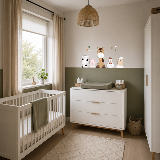 Babykamer met wit ledikant en commode, gedecoreerd met muurstickers van een schaap, kip, paard, varken en koe.

