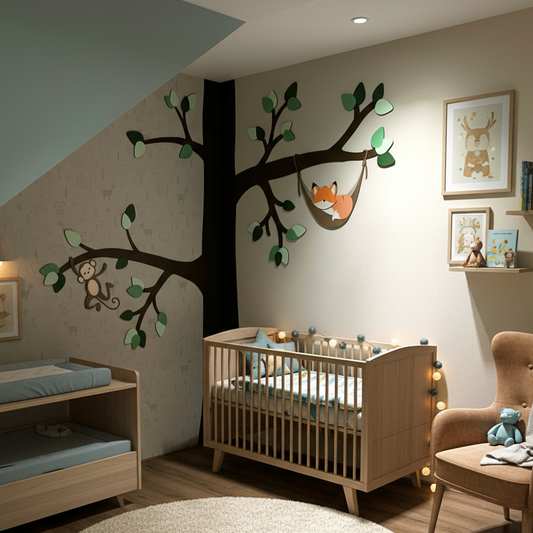 Houten muurdecoratie babykamer: grote boom in hoek met slapend vosje in hangmat.