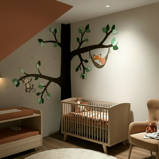 Houten muurdecoratie babykamer: grote boom in hoek met slapend vosje in hangmat.