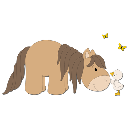 Houten muurstickers kinderkamer groot paard met strelend eendje en roze vlinders