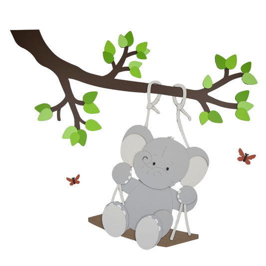 Muurstickers kinderkamer hout, bruine tak met groene bladeren en schommelend grijze olifant