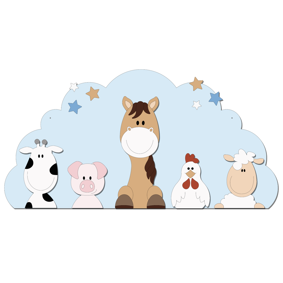 Houten muurdecoratie met koe, varken, paard, kip en schaap voor een baby- of kinderkamer met boerderijthema. De dieren staan samen voor een wolkvorm met sterren en vormen zo een complete boerderijdieren decoratie voor aan de muur.