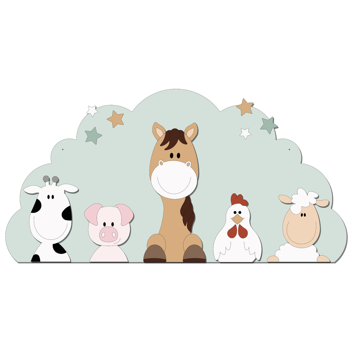 Houten muurdecoratie met koe, varken, paard, kip en schaap voor een baby- of kinderkamer met boerderijthema. De dieren staan samen voor een wolkvorm met sterren en vormen zo een complete boerderijdieren decoratie voor aan de muur.
