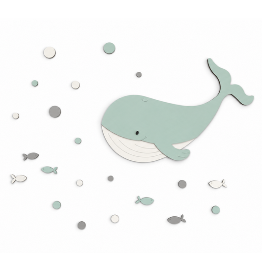 Houten muursticker - Walvis met visjes en luchtbellen - kleur te kiezen (60x50cm)
