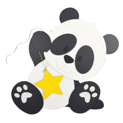 Houten muursticker - DIY-Zittend pandabeertje met ster - blank - zelf verven en verlijmen (45x42cm)